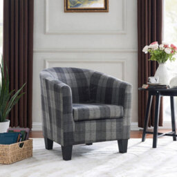 Home Detail Canberra Accent Bucket Tub Chair Occasional Armchair Wood Effect Legs Grey Tartan Fabric Foam Padded Backrest Seat