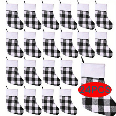 CLEFFNS 24 Pack Christmas Stockings,white Buffalo Plaid Decoration Ornament,large White Black Buffalo Plaid Fireplace Hanging Stockings