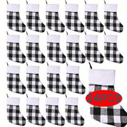 CLEFFNS 24 Pack Christmas Stockings,white Buffalo Plaid Decoration Ornament,large White Black Buffalo Plaid Fireplace Hanging Stockings - thumbnail 1