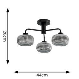 Valuelights Amaia Matte Black Ip44 Rated 3 Way Smoked Ribbed Glass Ceiling Light - thumbnail 8