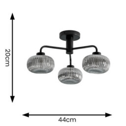 Valuelights Amaia Matte Black Ip44 Rated 3 Way Smoked Ribbed Glass Ceiling Light - thumbnail 6