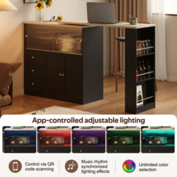 Btm Kitchen Island With Swivel Extension Table Wine Cabinet Led Lights Glass Door Drawer Storage L Shaped Bar Table - thumbnail 8