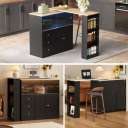 Btm Kitchen Island With Swivel Extension Table Wine Cabinet Led Lights Glass Door Drawer Storage L Shaped Bar Table - thumbnail 5