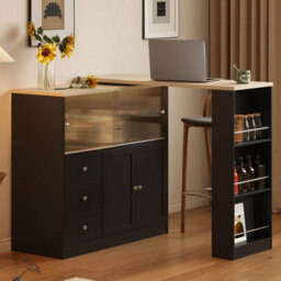 Btm Kitchen Island With Swivel Extension Table Wine Cabinet Led Lights Glass Door Drawer Storage L Shaped Bar Table - thumbnail 4