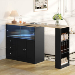 Btm Kitchen Island With Swivel Extension Table Wine Cabinet Led Lights Glass Door Drawer Storage L Shaped Bar Table - thumbnail 3