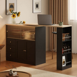Btm Kitchen Island With Swivel Extension Table Wine Cabinet Led Lights Glass Door Drawer Storage L Shaped Bar Table - thumbnail 2