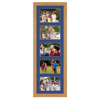 AK Frames 26X8 Oak Modern Multi Photo Frame With Blue Mount - Holds 5 Apertures (5X) 6X4 Photos - image 1