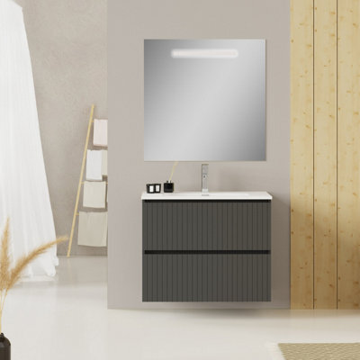 Banyetti Linea Matt Grey Ribbed Double Drawer Wall Hung Vanity Unit 800mm X 390mm - image 1