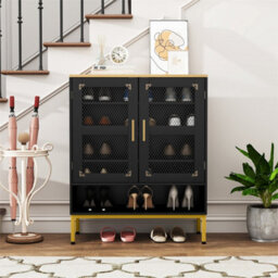 Wooden Modern Shoe Storage Organizer With Mesh Doors Black - thumbnail 3