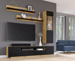 Arte Chic Aura D Wall Entertainment Unit - Living Room Set In Black Matt And Oak Artisan (H1500mm W2000mm D370mm)