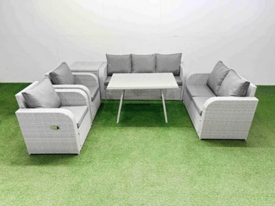 Fimous Pe Rattan Garden Furniture Set Outdoor Rectangular Dining Table Sofa Set With Reclining Chair Side Table Light Grey - image 1