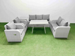 Fimous Pe Rattan Garden Furniture Set Outdoor Rectangular Dining Table Sofa Set With Reclining Chair Side Table Light Grey - thumbnail 2