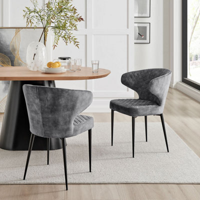 Grey Velvet Dining Chair With Quilting Black Legs Set Of 2 - image 1