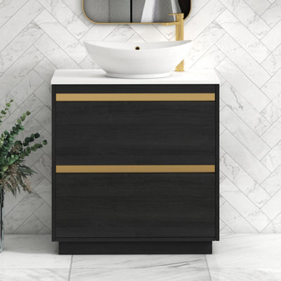 Royal Bathrooms Orion 800mm Hale Black Floor Standing Plain White Countertop Vanity Unit 2 Drawer With Amaze Basin & Brushed Brass Accent Trim - image 1