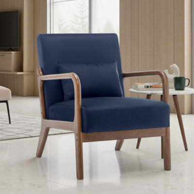 Navy Blue Wooden Accent Chair For Living Room Hertford - Soft Velvet Fabric - Flat Pack - image 1