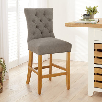 The Furniture Market Chester Grey Fabric Button Back Bar Stool Natural Oak Legs Quilted Deep Button Upholstery Kitchen Counter Height - image 1
