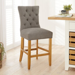 The Furniture Market Chester Grey Fabric Button Back Bar Stool Natural Oak Legs Quilted Deep Button Upholstery Kitchen Counter Height - thumbnail 1