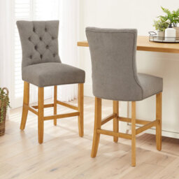 The Furniture Market Chester Grey Fabric Button Back Bar Stool Natural Oak Legs Quilted Deep Button Upholstery Kitchen Counter Height - thumbnail 3