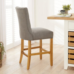 The Furniture Market Chester Grey Fabric Button Back Bar Stool Natural Oak Legs Quilted Deep Button Upholstery Kitchen Counter Height - thumbnail 2