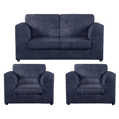 Furnishings For Less UK Luxor Jumbo Cord 2 + 1 + 1 Fabric 3 Piece Sofa Suite - Fullback Navy Blue - image 1