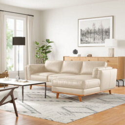 Valencia Artisan Top Grain Leather Three Seats With Right Chaise Sofa Beige Alder Wood Legs And Frame - thumbnail 2