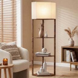 Corner Modern Floor Lamp With Shelves For Living Room, Rustic Brown
