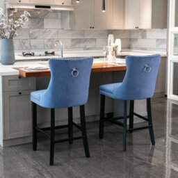 HomeTouch Set Of 4 Velvet Bar Stools Kitchen Breakfast Stools With Wooden Legs Blue - thumbnail 4