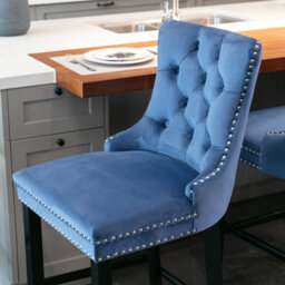 HomeTouch Set Of 4 Velvet Bar Stools Kitchen Breakfast Stools With Wooden Legs Blue - thumbnail 5
