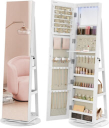 Songmics Frameless Full-Length Mirror Jewellery Cabinet, Swivel Organiser With Leds, Free-Standing, White Surface, Greige Lining - thumbnail 8