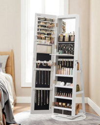 Frameless Full-Length Mirror Jewellery Cabinet, Swivel Organiser With Leds, Free-Standing, White Surface, Greige Lining