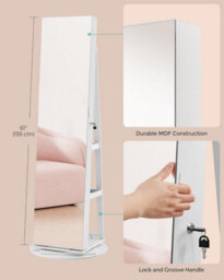 Songmics Frameless Full-Length Mirror Jewellery Cabinet, Swivel Organiser With Leds, Free-Standing, White Surface, Greige Lining - thumbnail 7