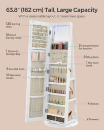 Songmics Frameless Full-Length Mirror Jewellery Cabinet, Swivel Organiser With Leds, Free-Standing, White Surface, Greige Lining - thumbnail 5
