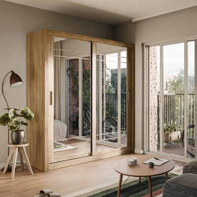 Arte Lux Viii - Elegant Two Mirrored Sliding Door Wardrobe (H2150mm W2030mm D610mm) With Shelves - Oak Shetland - image 1