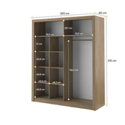 Arte Lux Viii - Elegant Two Mirrored Sliding Door Wardrobe (H2150mm W2030mm D610mm) With Shelves - Oak Shetland - thumbnail 4