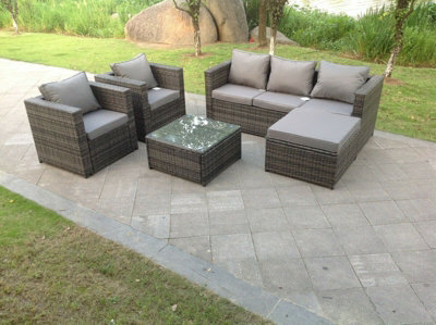 Fimous Lounge Dark Mixed Grey Rattan Sofa Set With 2 Chairs Square Coffee Tables Footstool Outdoor Garden Furniture Patio 6 Seater - image 1