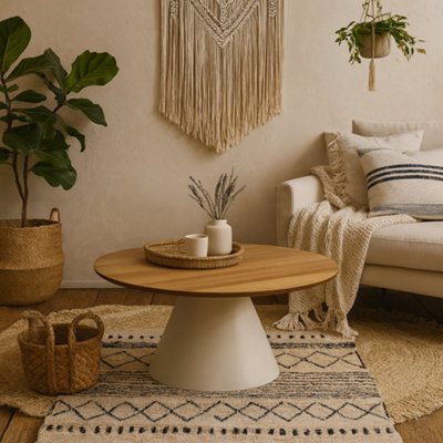 Wyld Haus Hamburg Low Round Oak Veneer Coffee Table With Grey Steel Pillar Base - image 1