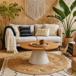 Wyld Haus Hamburg Low Round Oak Veneer Coffee Table With Grey Steel Pillar Base - thumbnail 2