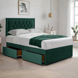 Green Plush 3Ft Single Bed With Matttress  2 Storage Drawers And 20 Inch Borderd Headboard - thumbnail 1