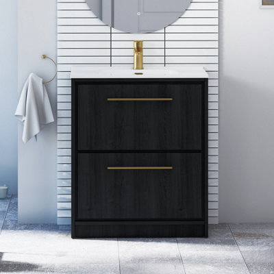 Royal Bathrooms Livora 700mm Black Woodgrain Floor Standing Vanity Unit 2 Drawer With Ceramic Basin & Brushed Brass Handle - image 1