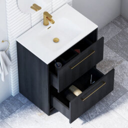 Royal Bathrooms Livora 700mm Black Woodgrain Floor Standing Vanity Unit 2 Drawer With Ceramic Basin & Brushed Brass Handle - thumbnail 4