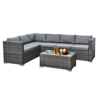 Asownsun Grey Rattan 6 Seater Corner Sofa Set Outdoor Garden Furniture With Glass Coffee Table Weatherproof Cushions Easy Assembly - image 1