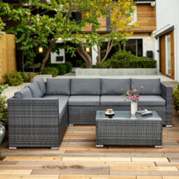 Asownsun Grey Rattan 6 Seater Corner Sofa Set Outdoor Garden Furniture With Glass Coffee Table Weatherproof Cushions Easy Assembly - thumbnail 3