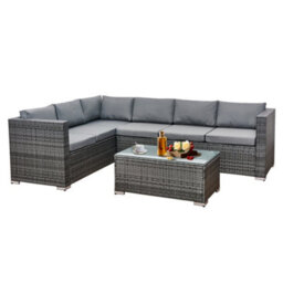 Asownsun Grey Rattan 6 Seater Corner Sofa Set Outdoor Garden Furniture With Glass Coffee Table Weatherproof Cushions Easy Assembly - thumbnail 1