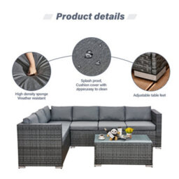 Asownsun Grey Rattan 6 Seater Corner Sofa Set Outdoor Garden Furniture With Glass Coffee Table Weatherproof Cushions Easy Assembly - thumbnail 4