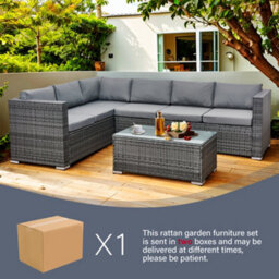 Asownsun Grey Rattan 6 Seater Corner Sofa Set Outdoor Garden Furniture With Glass Coffee Table Weatherproof Cushions Easy Assembly - thumbnail 7