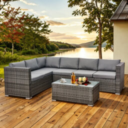 Asownsun Grey Rattan 6 Seater Corner Sofa Set Outdoor Garden Furniture With Glass Coffee Table Weatherproof Cushions Easy Assembly - thumbnail 2