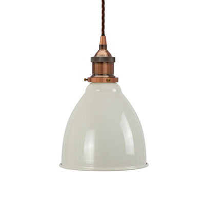 Clay White Classic Small Pantry Metal Painted Dome Pendant Light With Antique Copper Lamp Holder And Brown Twisted Cable - Se Home