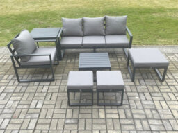 Fimous Aluminium Outdoor Garden Furniture Set Lounge Sofa Chair With Side Table 3 Footstools Conservatory Set - thumbnail 2