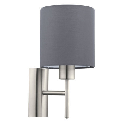 Satin Nickel Wall Light With Grey Fabric Shade And Rocker Switch - image 1