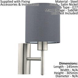 Satin Nickel Wall Light With Grey Fabric Shade And Rocker Switch - thumbnail 2